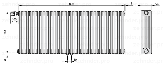 Схема (чертеж) Радиатор Zehnder Charleston 4090/29 №V007 Белый глянцевый RAL 9016